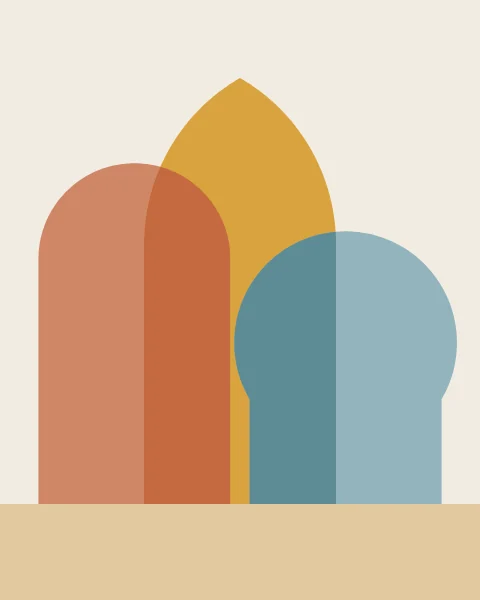 Round, pointed and horseshoe arches overlap like coloured glass, their crossings forming new deeper tones.