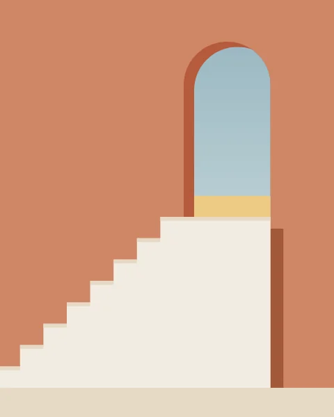 A white stair climbs a warm clay wall and ends at an arched doorway full of sky.