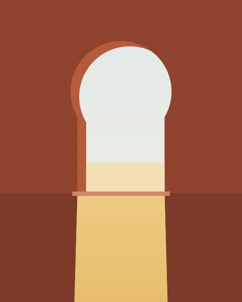 A horseshoe doorway in a deep terracotta room opens onto a bright courtyard, and the sun lays a long band of light across the floor.