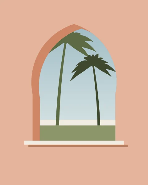 A pointed horseshoe window in a pale clay wall looks out over a garden wall to two palms against the sky.