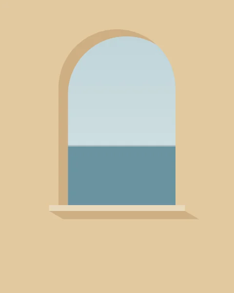 A round-arched window in a sand-coloured wall shows only sky and a flat blue sea.