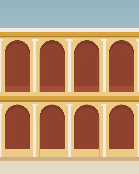 An ochre façade of slender columns and round arches at midday, the loggias behind in deep shade and a strip of sun on the floor.