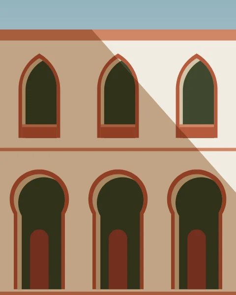 Pointed windows above and horseshoe doorways below stack up a courtyard façade, half caught in a sharp diagonal shadow.
