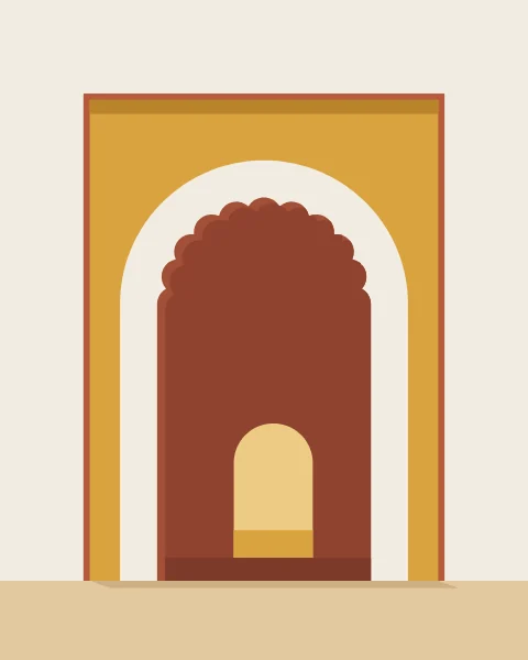 An eleven-lobed arch set in an ochre frame opens into a shaded passage with a sunlit doorway at the far end.
