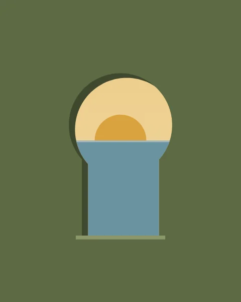 A single keyhole arch in a deep olive wall, framing a low sun as it meets a flat blue sea.