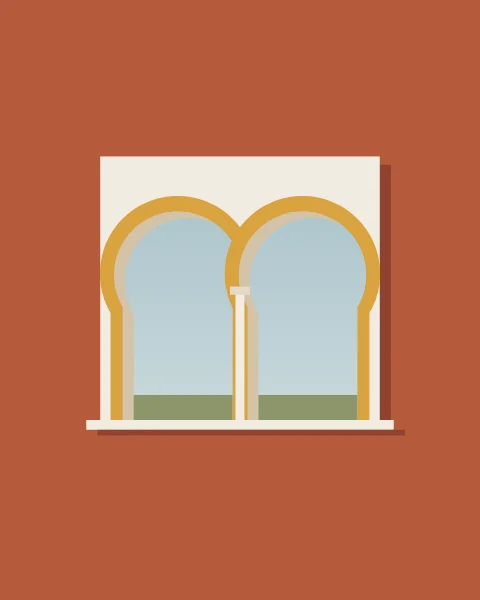 Two horseshoe arches share a slender column inside a rectangular plaster frame, set in a terracotta wall.