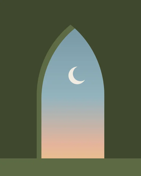 A tall pointed arch in a dark olive wall frames a dusk sky and a thin crescent moon.