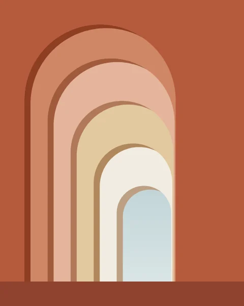 Five walls in clay, rose and sand stand one behind another, each pierced by an arch that frames the next.
