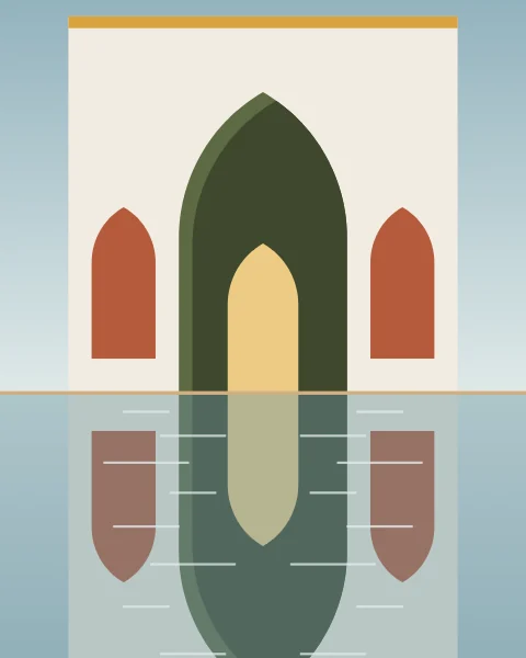 A white pavilion with a pointed arch stands at the edge of a blue pool, mirrored in the water below.
