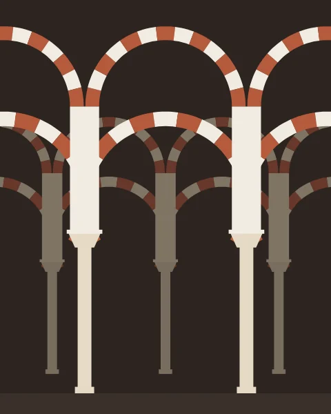 Double tiers of horseshoe and round arches with red and white voussoirs rise from slender columns into a dark hall.