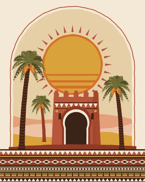 A large striped sun rises behind a crenellated earthen gate with a horseshoe arch, between date palms hung with fruit, all framed in a tall arch. Woven bands run across the base.