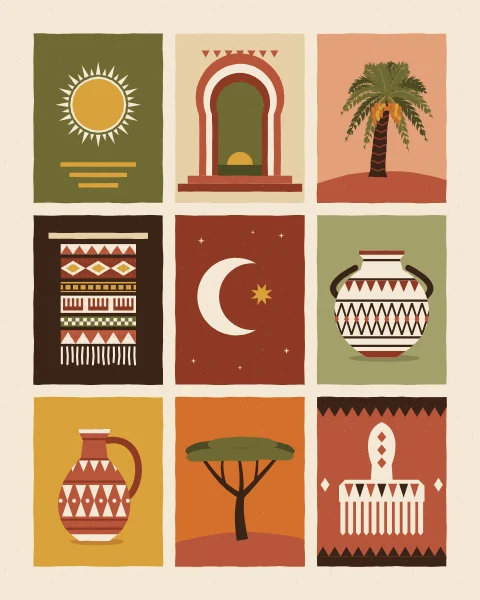 Small panels in earth colours, each holding one subject: a sun, an arch, a date palm, a woven hanging, a crescent and star, patterned pots, an acacia, a weaving comb and more.