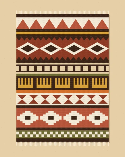 A woven cloth seen flat, its bands of triangles, lozenges, ladders, combs, bow ties and checks repeating from top to bottom, with fringed ends.