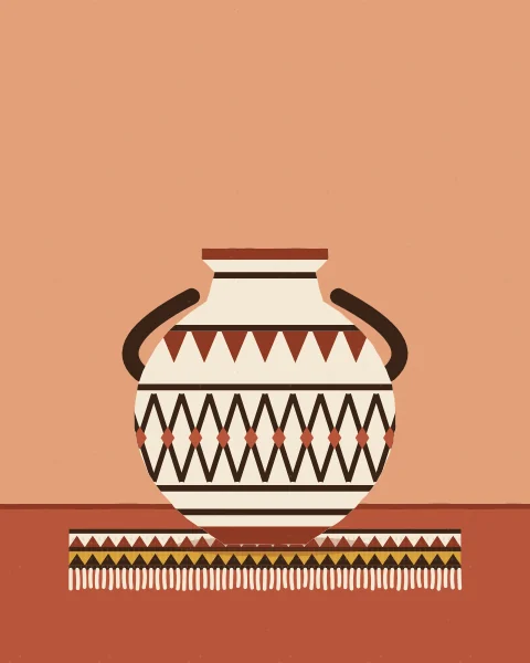 A two-handled cream pot decorated with brown zigzags, red lozenges and a row of hanging triangles, standing on a small woven mat.