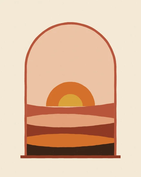 A tall arched window opens onto a half sun setting over bands of dunes in terracotta, clay and rust.