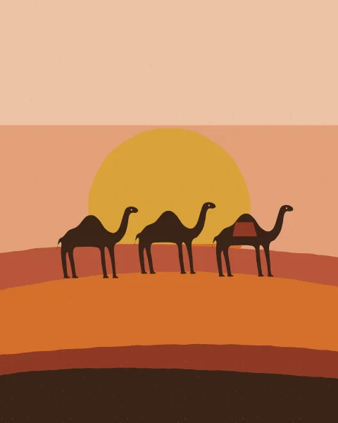 A line of camels stands along a dune ridge under a large striped sun, with deeper dunes in the foreground.