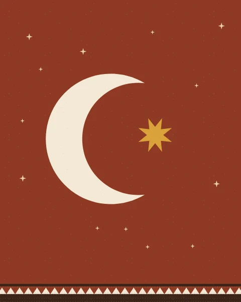 A cream crescent moon with a small eight-pointed star on a deep rust ground, scattered with tiny stars, above a narrow woven band.