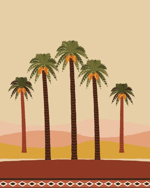 A row of date palms of different heights stands over soft dunes, their crowns full of fronds and fruit, above a woven border.