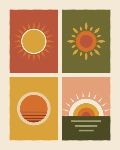 Panels of the sun drawn several ways: with pointed rays, with petal rays, as a striped disc, rising over a field, as rings of colour and as a simple star.