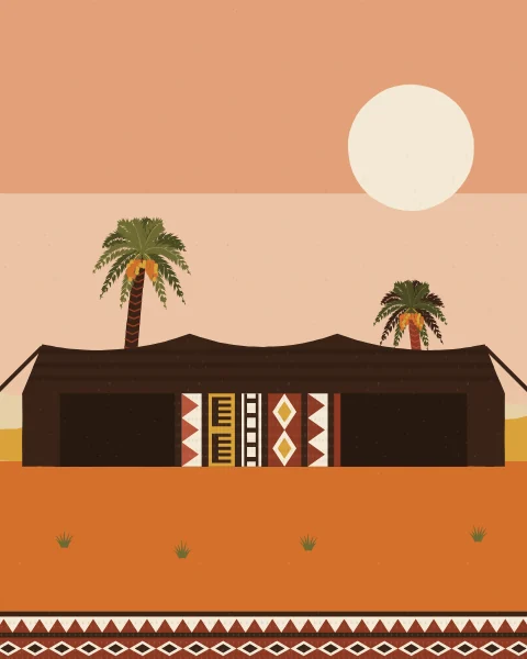 A long, low black tent stands on orange sand under a pale sun, its open front showing a woven curtain in red, cream and mustard.