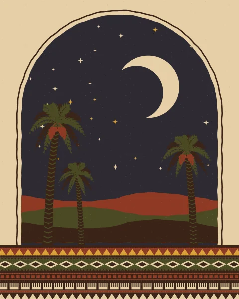A tall arch opens onto a dark desert night with a crescent moon, gold stars and date palms in silhouette, above woven bands.