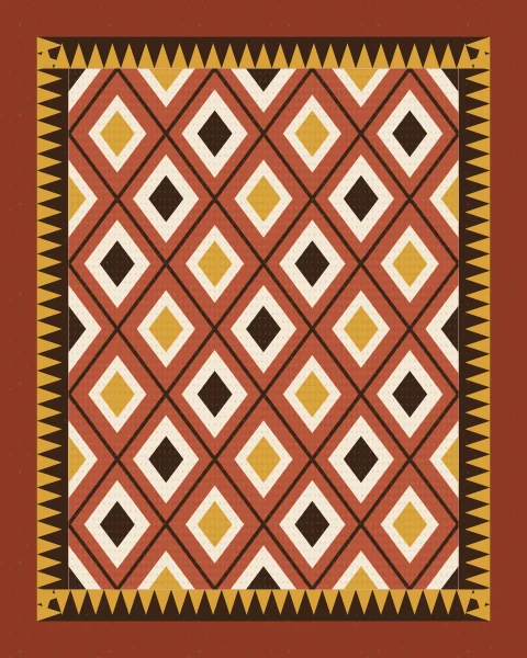 A woven field of terracotta lozenges with cream and dark centres, edged by a border of mustard teeth.