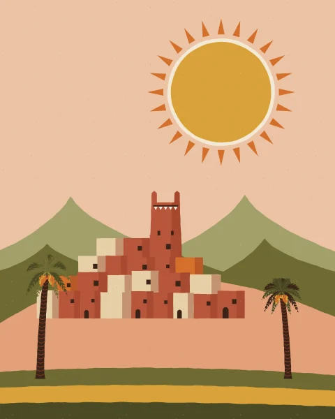 An earthen village of flat-roofed houses climbs a hill below green mountains, with a tall tower, palms and a large sun.