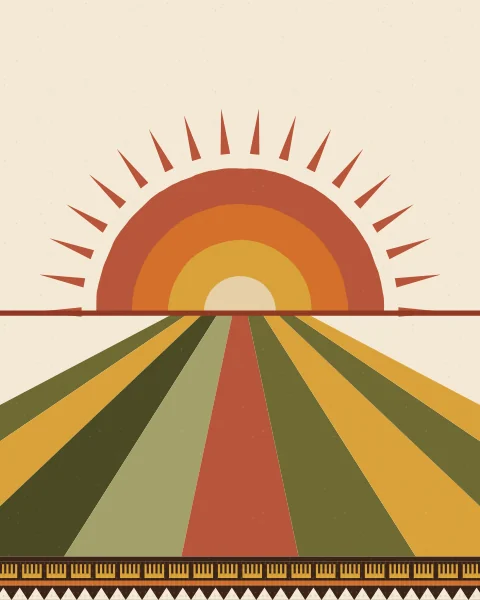 A banded half sun with pointed rays rises over fields that run in stripes towards the horizon, above a woven border.