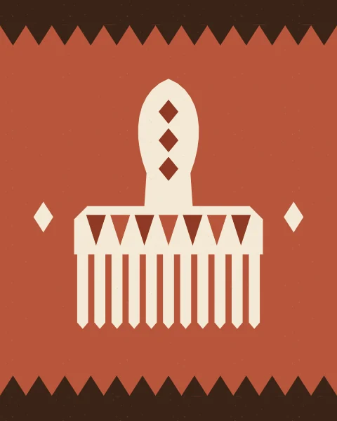 A cream weaving comb with an incised handle and a row of long teeth on a terracotta ground, between toothed borders.