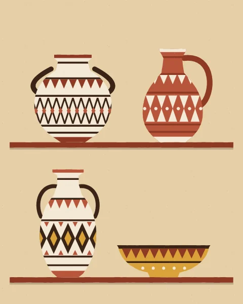 Shelves of patterned pots, jugs, bowls and a tagine in cream, terracotta, mustard and olive, each with its own geometric bands.