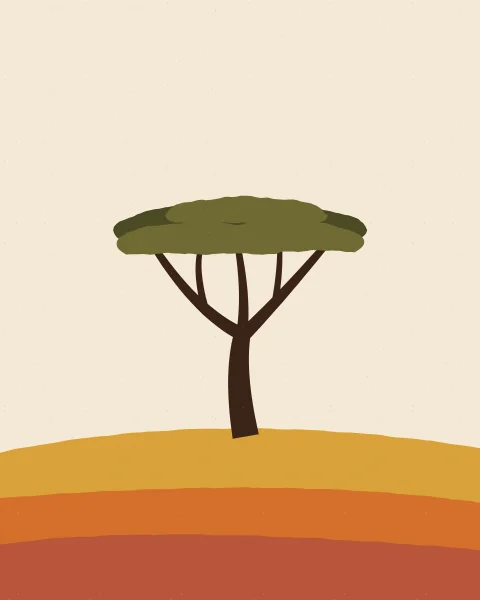 A flat-topped acacia tree stands on a low dune of mustard, orange and terracotta under a pale sky.