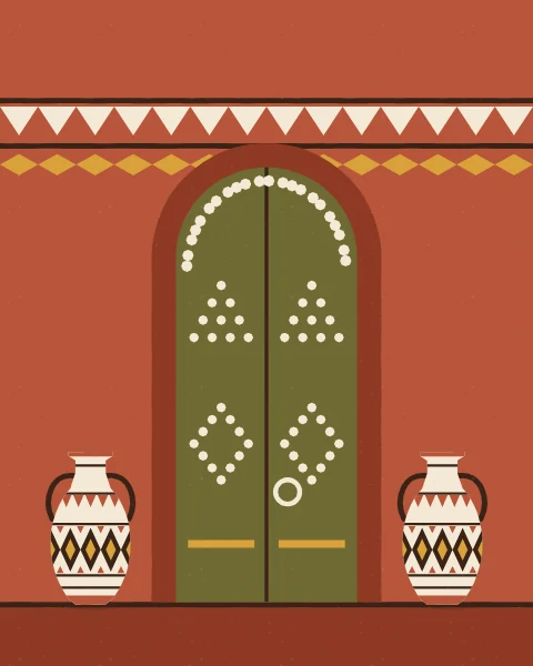 An olive door set with cream studs in triangles and lozenges stands in a terracotta wall under a frieze of triangles, with patterned pots on either side.