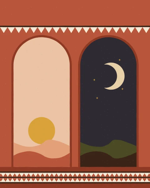 A row of arches in a terracotta wall, each opening onto the sky at a different hour: dawn, noon, dusk or night.