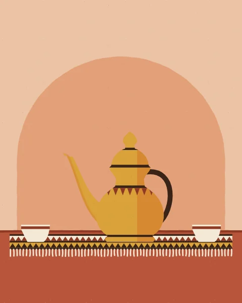 A brass coffee pot with a long beak spout stands between small cups on a woven mat in an arched niche.