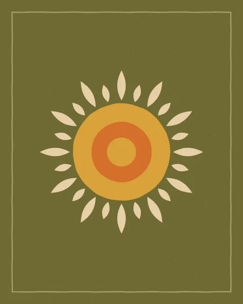 A mustard sun with rings of orange and a wreath of cream petal rays on an olive ground, inside a fine border.
