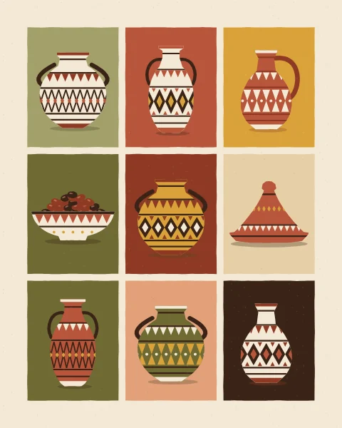 Panels of patterned vessels on coloured grounds: two-handled pots, tall jars, jugs, bowls and tagines, each with its own pattern.