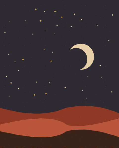 A crescent moon and a field of small stars over rolling dunes in rust, terracotta and dark brown.