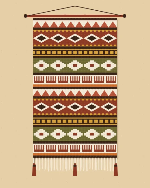 A long woven hanging on a rod, with bands of triangles, lozenges, ladders and combs, ending in a fringe and three tassels.