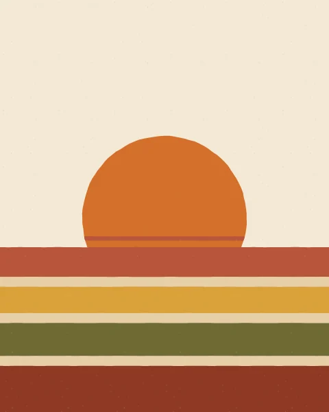A large orange sun with terracotta stripes sits low over horizontal bands of terracotta, mustard, olive and rust.