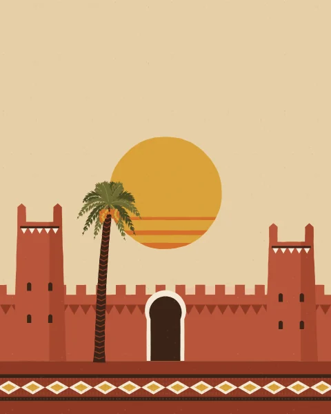 A crenellated earthen wall with towers and a horseshoe gate stands before a large striped sun, with a date palm and a woven band below.