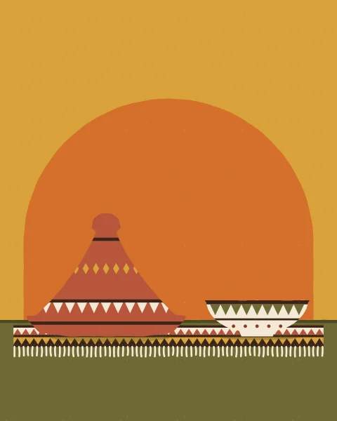 A patterned tagine with a tall cone lid and a small bowl stand on a woven mat before a large orange niche.