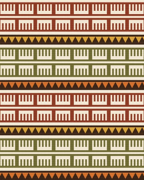 Rows of rust and olive comb shapes face up and down on cream, divided by narrow bands of interlocking teeth.