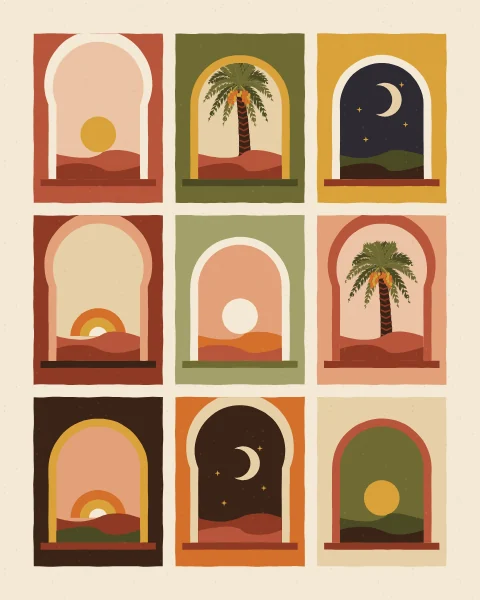 Panels of arched windows on coloured grounds, each opening onto a different view: a sun, a crescent, a date palm or a half sun over dunes.