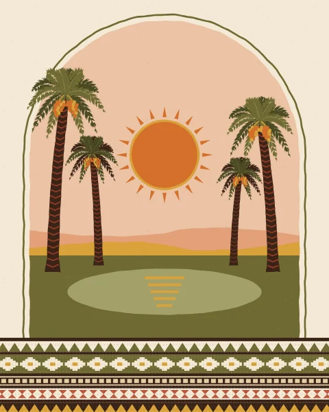 Date palms gather around a still green pool that reflects the sun, framed in a tall arch above woven bands.