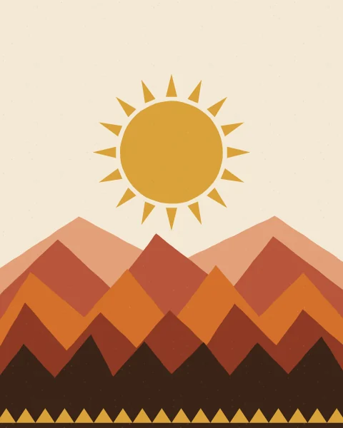 A mustard sun rises behind layered mountain ranges in clay, terracotta, orange, rust and dark brown, above a toothed border.