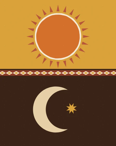 A rayed orange sun on mustard and a cream crescent with a star on dark brown, divided by a narrow woven band.