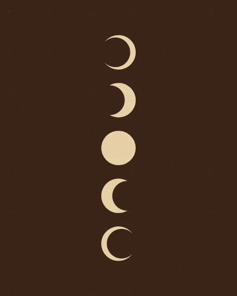 The moon in a calm line on a dark brown ground, from a thin crescent to full and back to a thin crescent.