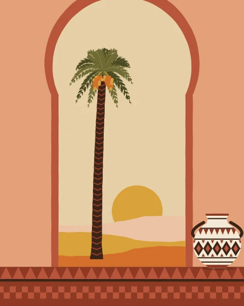 A horseshoe doorway in a clay wall opens onto a date palm and a striped sun over dunes, with a patterned pot beside it on a patterned floor.