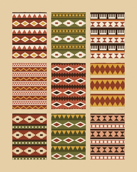Small swatches of woven cloth on a sand ground, each with its own bands of teeth, lozenges, ladders, combs and checks.