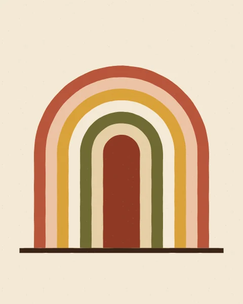 Nested arches in terracotta, blush, mustard, cream, olive and sand around a rust doorway, on a cream ground.